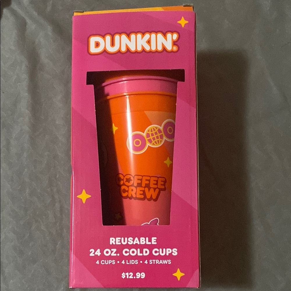Limited Edition Dunkin' Reusable 24 oz Cold Cups Set 4 cups, lids, straws